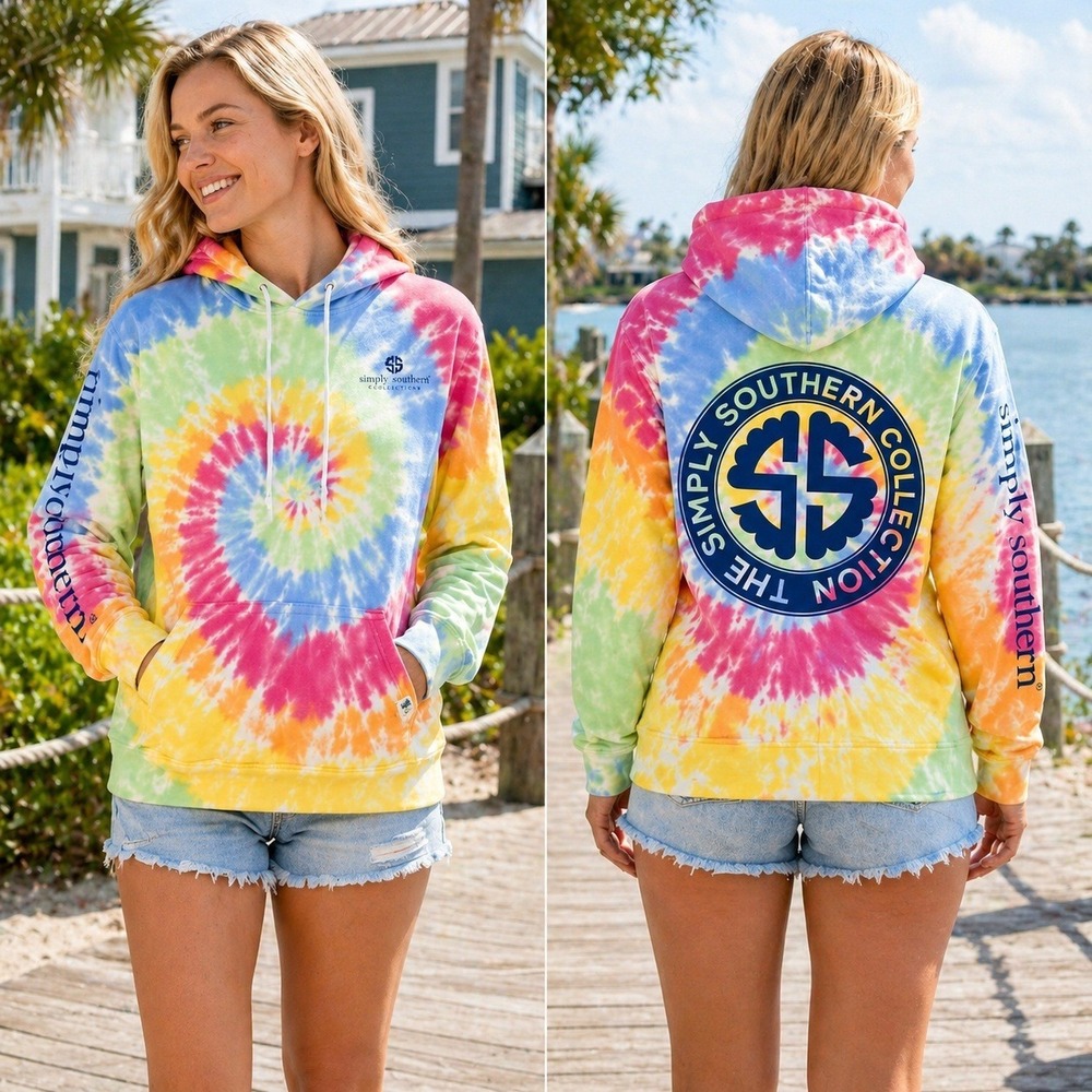 Simply Southern Womens Rainbow Tie Dye Hoodie Large Back Logo Sleeve Logo Small